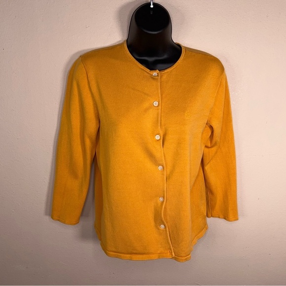 Small Lauren Ralph Lauren Silk Blend Yellow Knit Cardigan Button Front Preppy - Picture 11 of 14